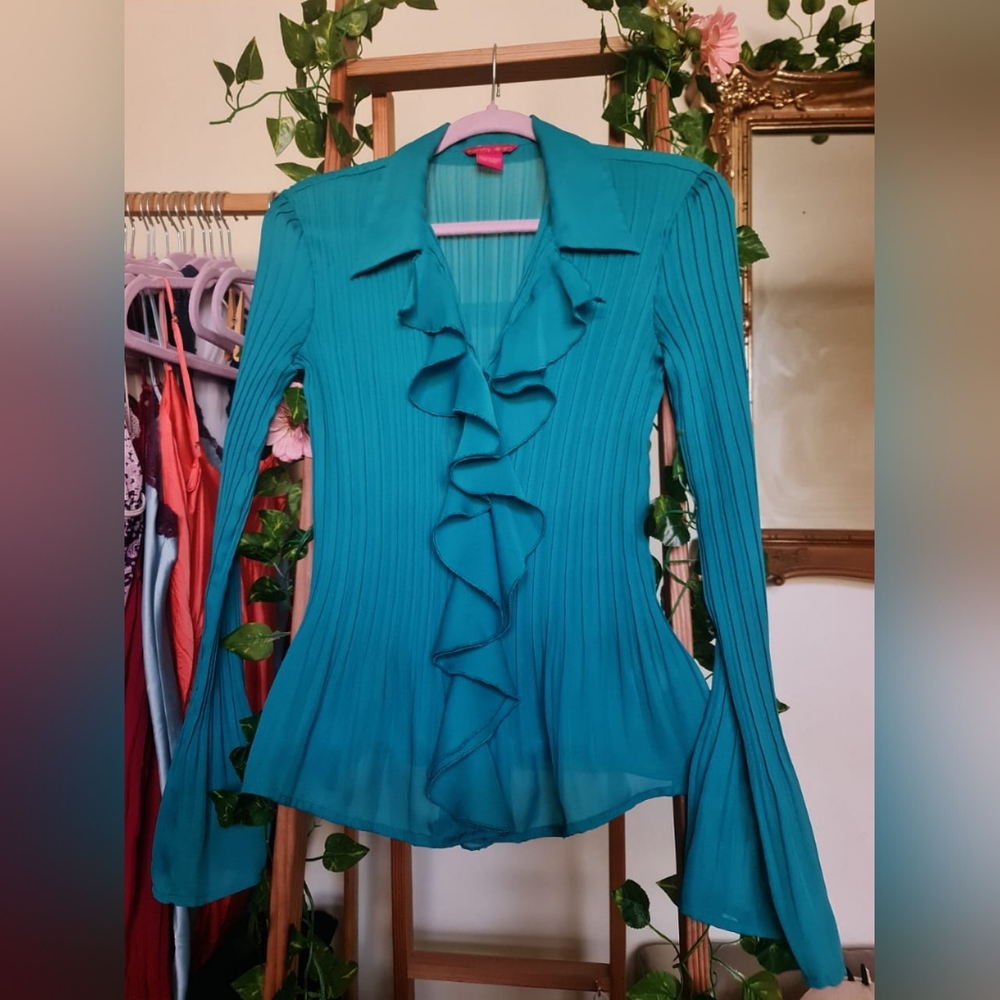 vtg Sunny Leigh turquoise ruffle blouse